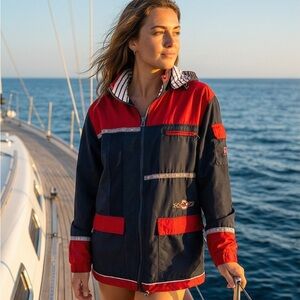 Women’s Navy and Red Raincoat with Hood
